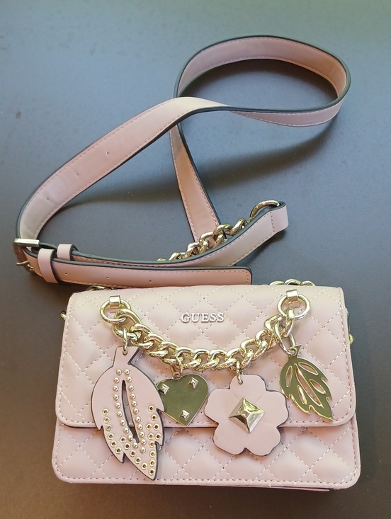 Guess Handbags - GUESS Pink Quilted Crossbody with Gold Charm Chain